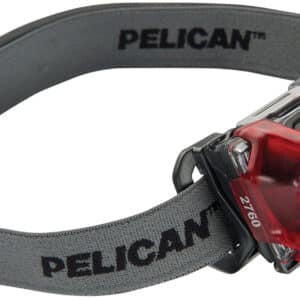 Red Pelican headlamp with adjustable strap.