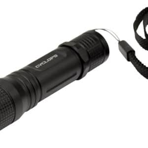 Black flashlight with textured grip and wrist strap.