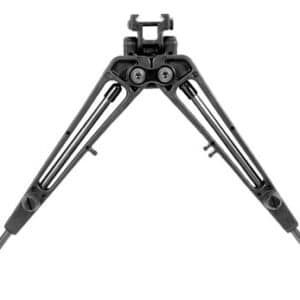 Black folding rifle bipod for stability and support.
