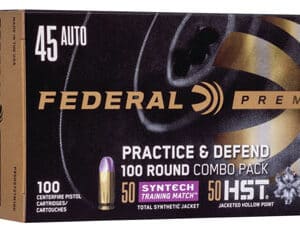 Federal pistol ammo, 45 AUTO, 100-round combo pack.