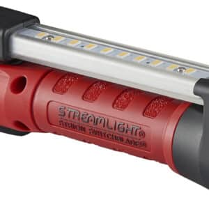 Red tactical flashlight with LED strip.