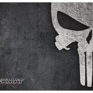 Skull logo on dark textured background