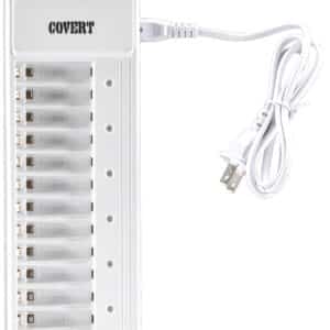 White battery charger with twelve slots and power cord.