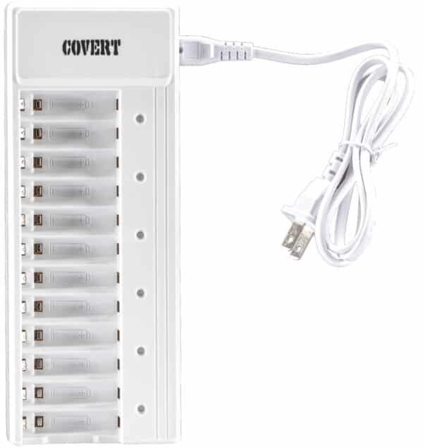 White battery charger with twelve slots and power cord.