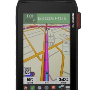 GPS device displaying navigation map and route details.