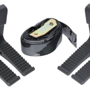 Four black metal hooks and a camo strap