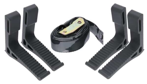 Four black metal hooks and a camo strap