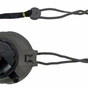 Gray utility retractor with adjustable cords and clip.