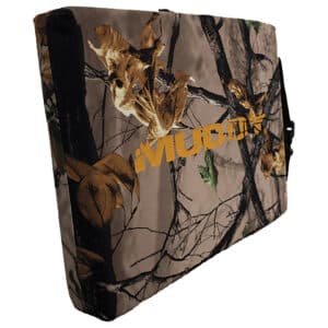 Camo cushion with Muddy logo and branches pattern.