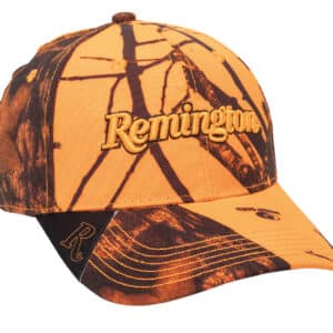 Orange camouflage cap with Remington logo.