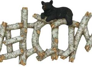 Welcome sign with bears on birch logs