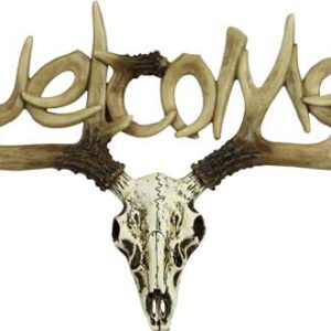 Deer skull welcome sign with antlers spelling 'Welcome'.