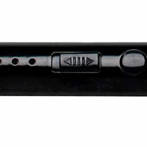 Black pen with silver clip and buttons.