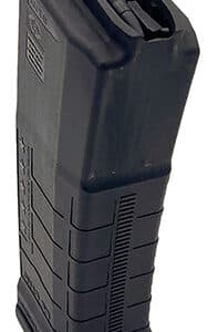 Black pistol magazine standing upright on white background.