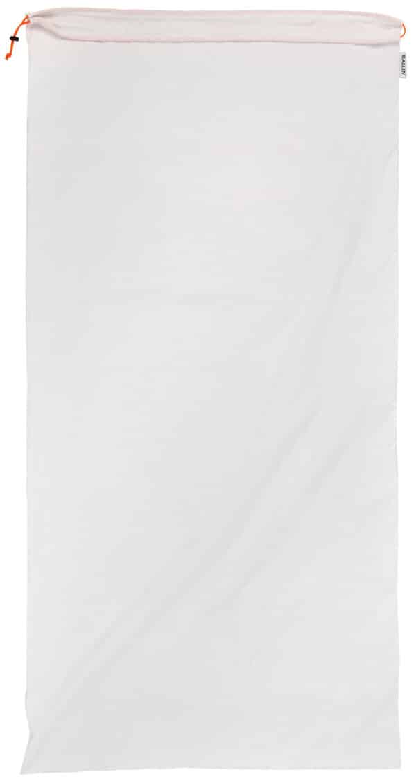 White laundry bag with drawstring closure.