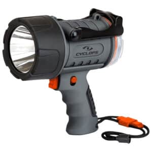 Handheld Cyclops spotlight flashlight with orange accents