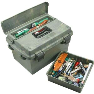Open tool box with various tools inside.