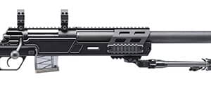 Black sniper rifle with tactical attachments.