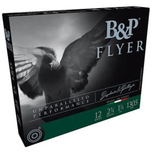 B&P Flyer ammunition packaging with a pigeon graphic.