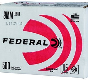 Federal 9mm Luger ammunition box and bullet