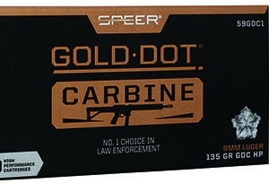 Gold Dot Carbine 9mm ammunition box and bullets.