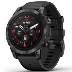 Smartwatch with black strap and digital face display.