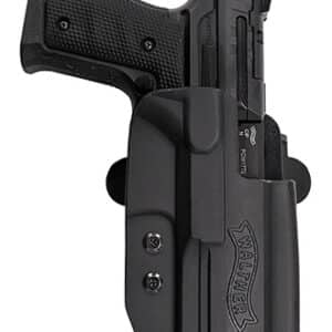 Black pistol in a holster, side view.