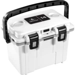 White Pelican cooler with black handle and latch.