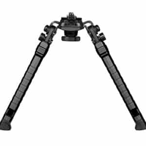 Adjustable black rifle bipod with folding legs.