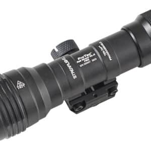 Black tactical flashlight with mounting bracket