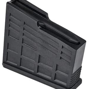 Black plastic rifle magazine standing upright.