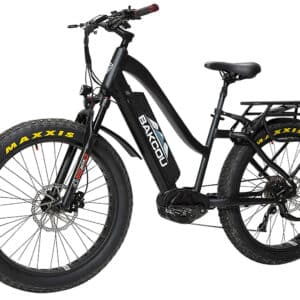 Black electric fat tire bike with rack