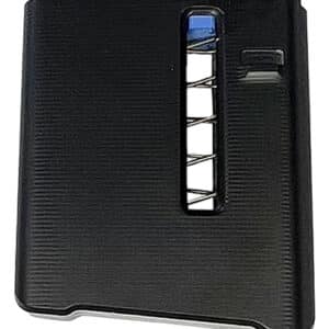 Black gaming console hard drive case with vents