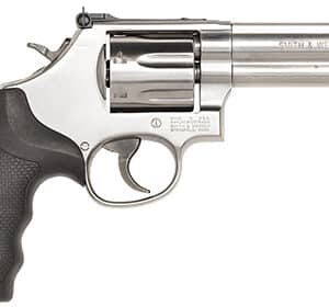 Smith & Wesson revolver with black grip.