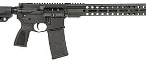 Black semi-automatic rifle isolated on white background.