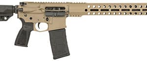 Tan and black tactical rifle, side view.