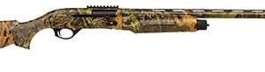 Camouflage-patterned hunting shotgun with vented rib barrel.
