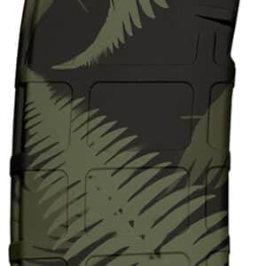 Camouflage rifle magazine with leaf pattern design.