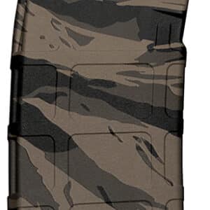 Camo-patterned rifle magazine standing upright