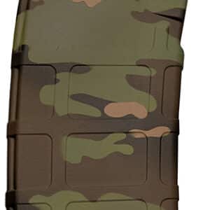 Camouflage-patterned rifle magazine, textured grip surface.