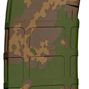 Camouflage magazine for firearms, green and brown pattern.