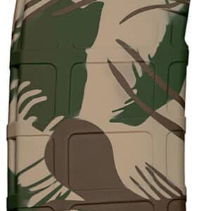 Camouflage rifle magazine with green and brown pattern.