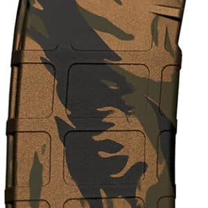 Camouflage rifle magazine with textured grip design.