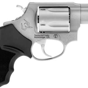 Silver revolver with a black grip.