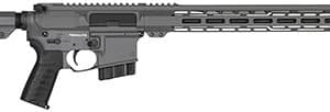Modern rifle with adjustable stock and rail system.