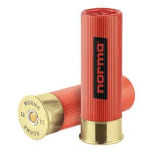 Two red Norma 12-gauge shotgun shells