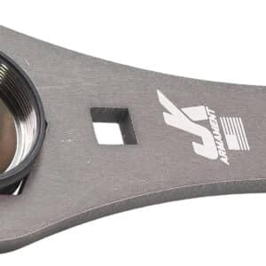 Metal tool with threaded cylindrical opening.