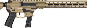 Tactical firearm with tan and black design.