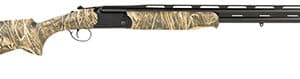 Camouflage hunting shotgun with double barrel design.