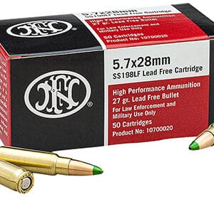 5.7x28mm ammunition box with cartridges displayed.